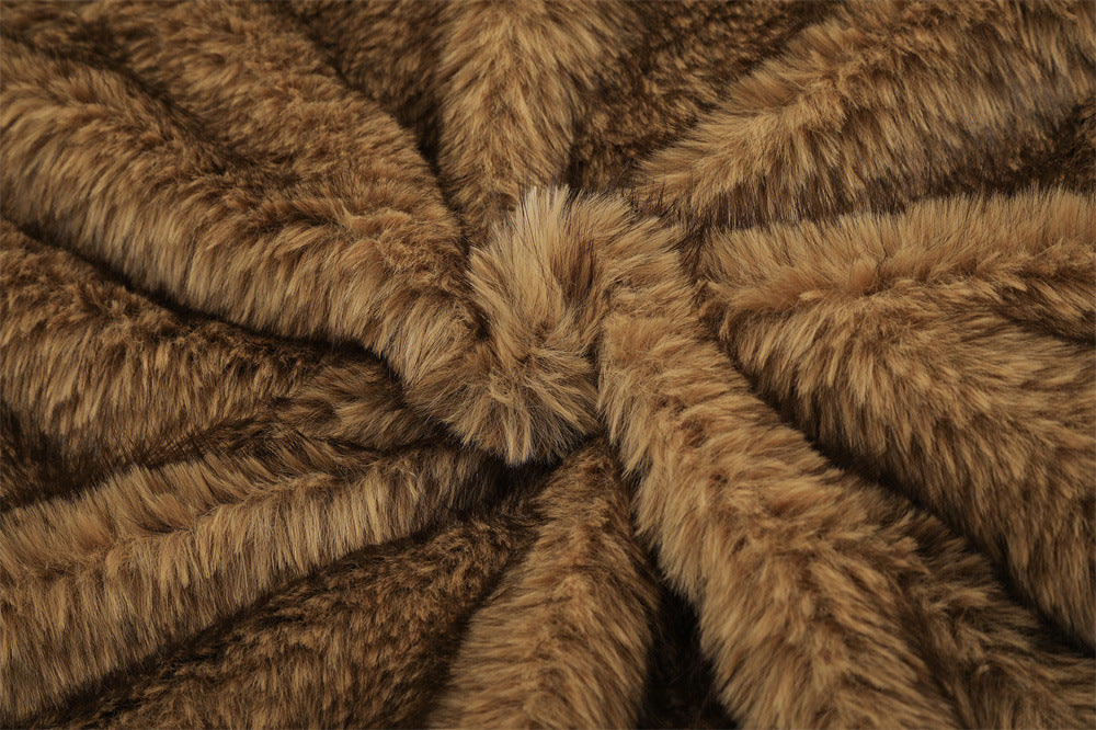 Faux Fur Hooded Bomber Jacket – Brown Short-Cut Zip-Up with PU Leather Trim