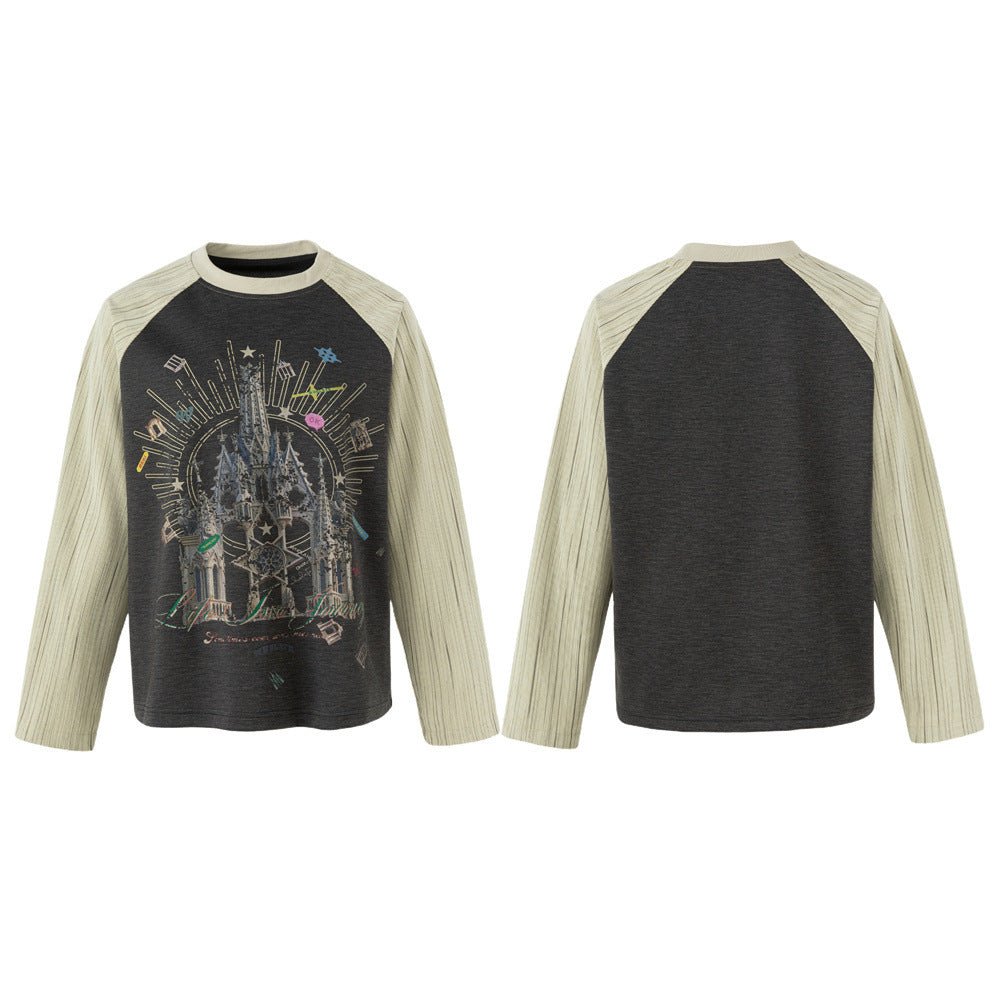 Dark charcoal and cream raglan long sleeve T-shirt with gothic castle graphic print on the front, shown front and back