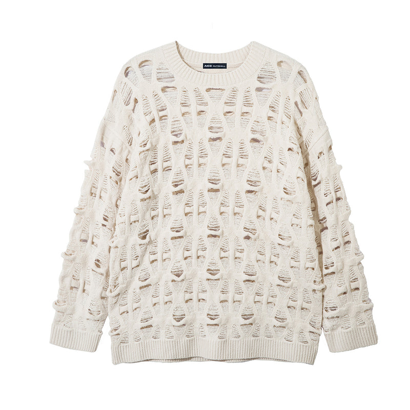 Distressed Open-Weave Crew Neck Knit Sweater – Oversized Ladder-Hole Design
