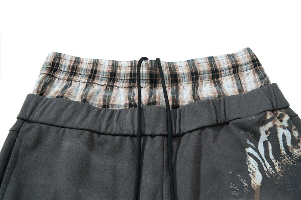 Wide Leg Sweatpants with Plaid Waistband & Animal Print Graphic