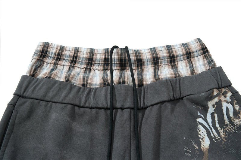 Wide Leg Sweatpants with Plaid Waistband & Animal Print Graphic