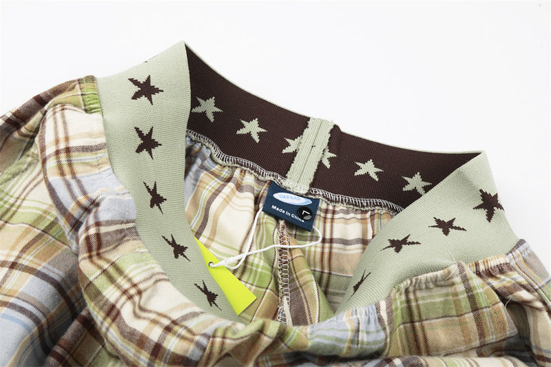 Plaid Wide-Leg Parachute Pants with Elastic Star Waistband & Drawstring Hem
