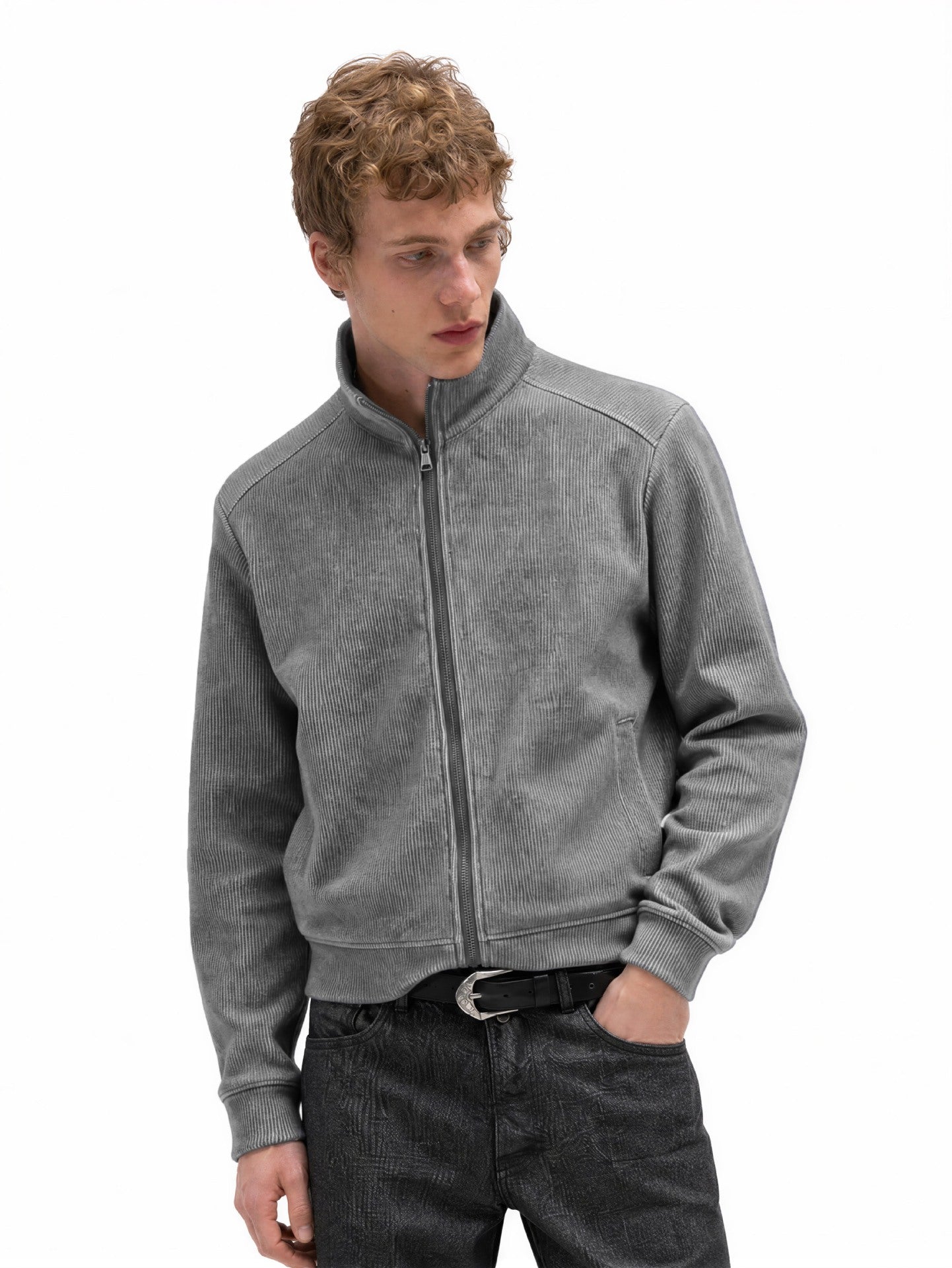 Veste homme côtelée zippée intégrale à col montant, gris foncé, finition délavée vintage et coutures raglan