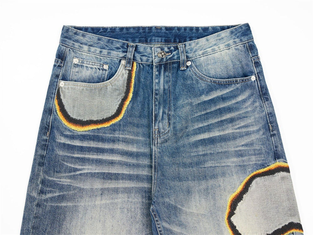 Men's Baggy Straight-Leg Jeans with Embroidered Patch Detail – Distressed Blue