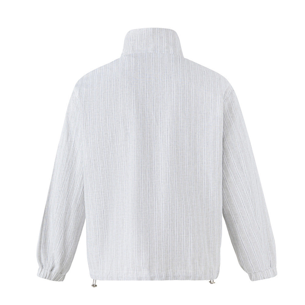 Reversible Stand Collar Zip Jacket – Cream & Pinstripe Oversized Fit