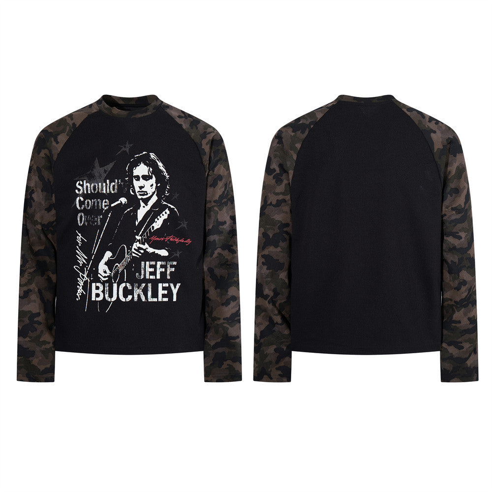 Jeff Buckley Graphic Long Sleeve Thermal Raglan Shirt with Camo Sleeves
