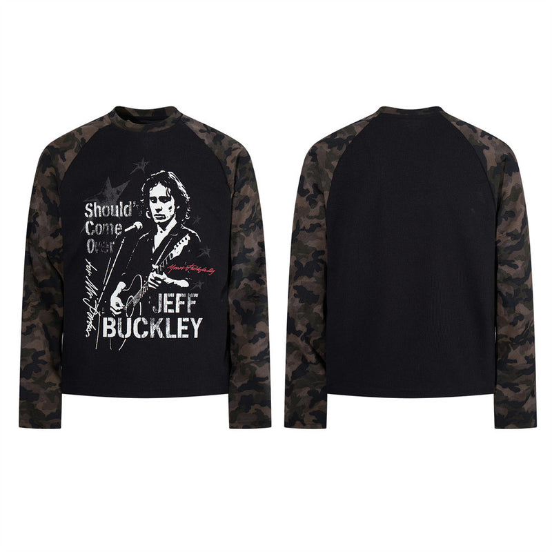 Jeff Buckley Graphic Long Sleeve Thermal Raglan Shirt with Camo Sleeves