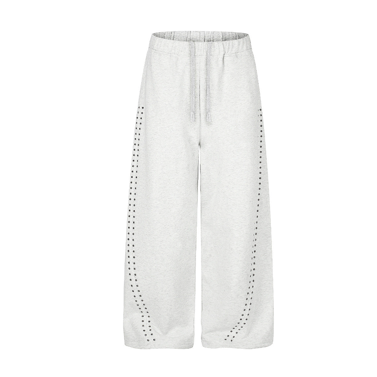 Pantalon de survêtement gris chiné coupe large, détails de clous strass courbés sur le devant des jambes et taille élastique à cordon