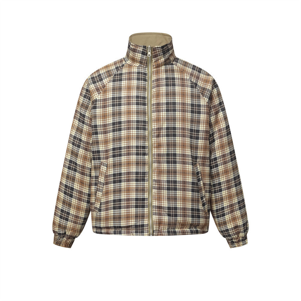 Reversible Stand-Collar Padded Jacket – Solid Khaki & Plaid Two-Way Wear