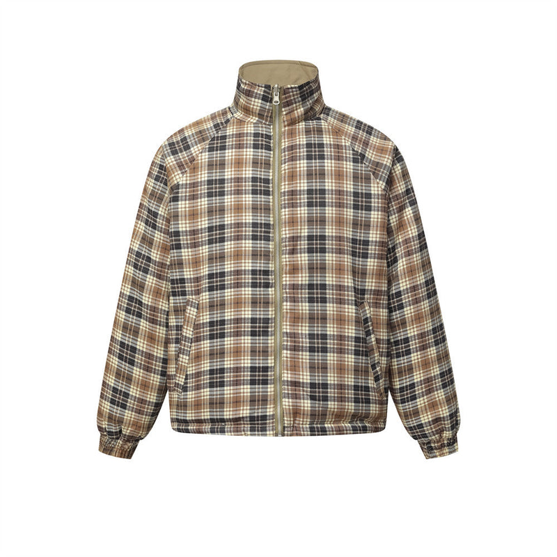 Reversible Stand-Collar Padded Jacket – Solid Khaki & Plaid Two-Way Wear