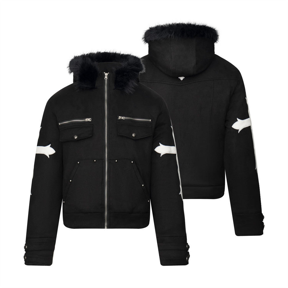 Black Fur-Trim Hooded Bomber Jacket with Arrow Sleeve Patches