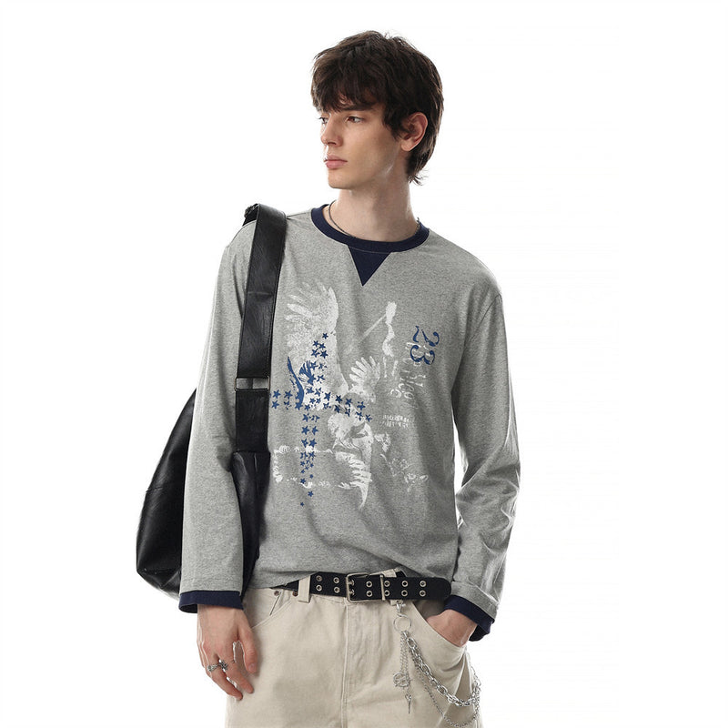 Men's Eagle & Star Graphic Long Sleeve Tee – Grey Colorblock Crew Neck