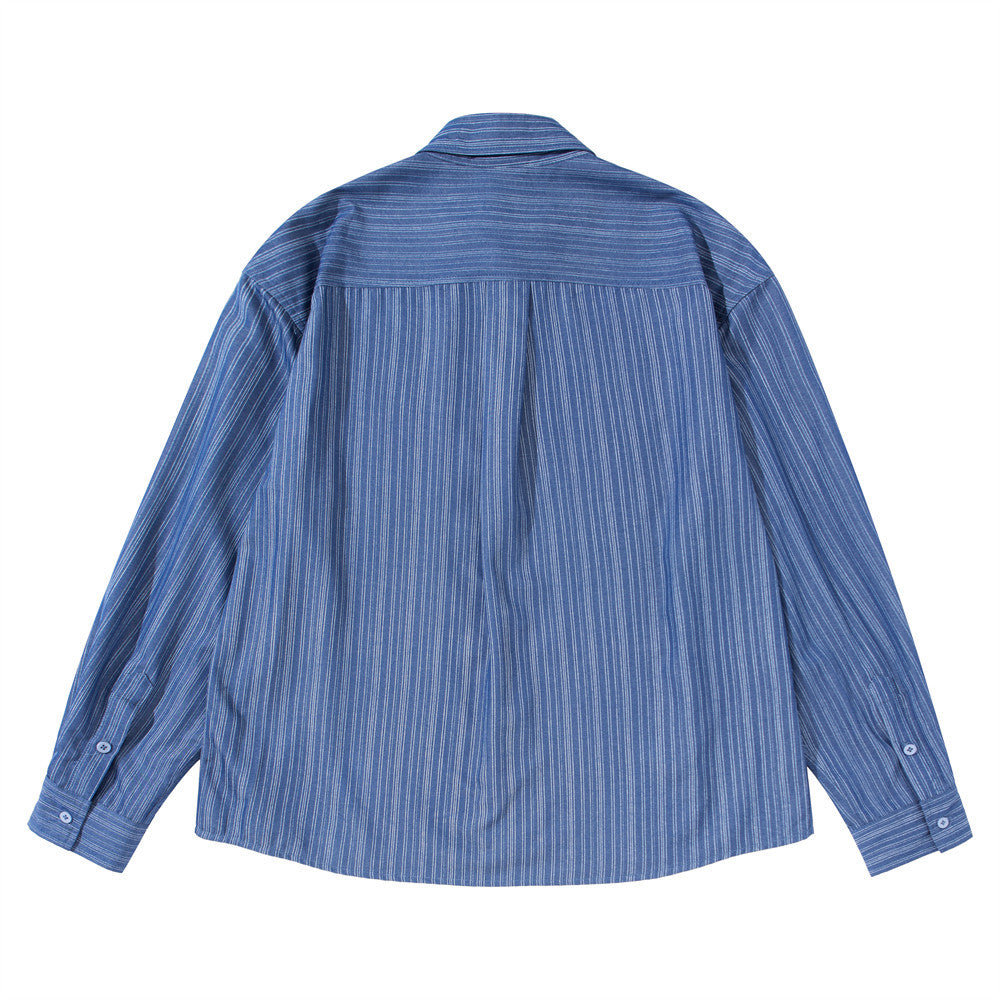 Men's Vertical Stripe Oversized Long Sleeve Button-Up Shirt in Blue