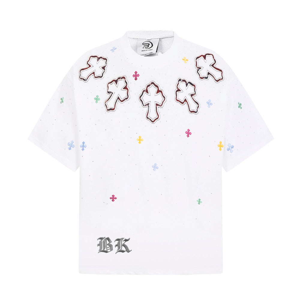 Cross Rhinestone Embroidery Oversized T-Shirt | Streetwear Graphic Tee