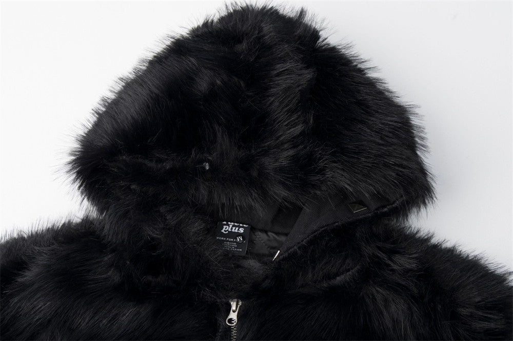 Black Faux Fur Hooded Bomber Jacket with White Cross Patch