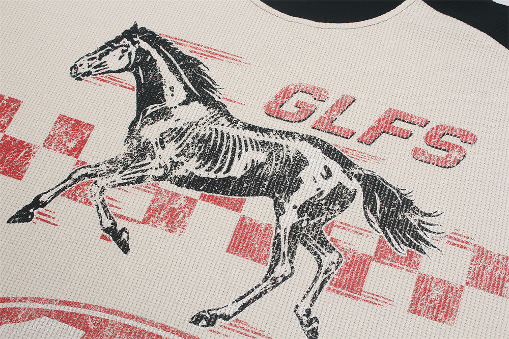 Racing Horse Graphic Long Sleeve Waffle Shirt – Colorblock Motorsport Print Top
