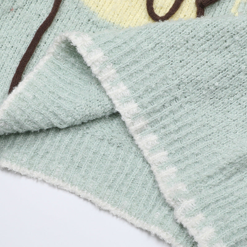 Cartoon Jacquard Crewneck Knit Sweater with Fringe Detail