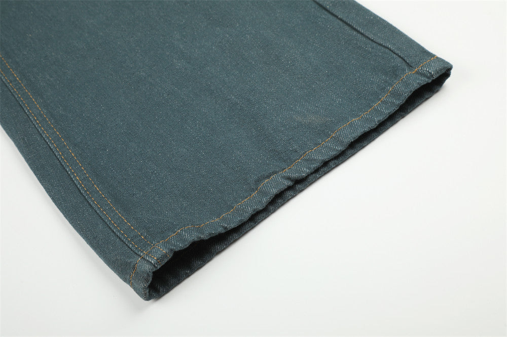 Jeans larges homme – Pantalon droit en denim vert canard à braguette boutonnée