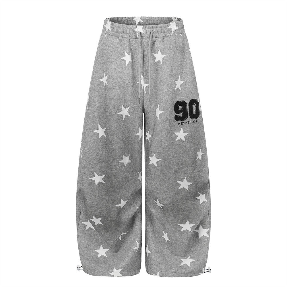 Star Print Wide-Leg Sweatpants – Oversized Pleated Streetwear Joggers