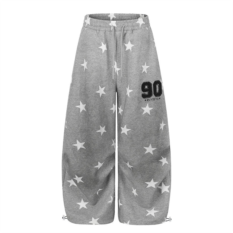 Star Print Wide-Leg Sweatpants – Oversized Pleated Streetwear Joggers