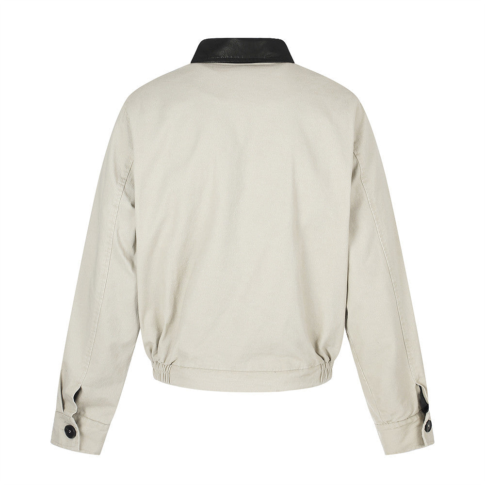 Moto-Inspired Workwear Jacket – Irregular Button Placket, Contrast Collar