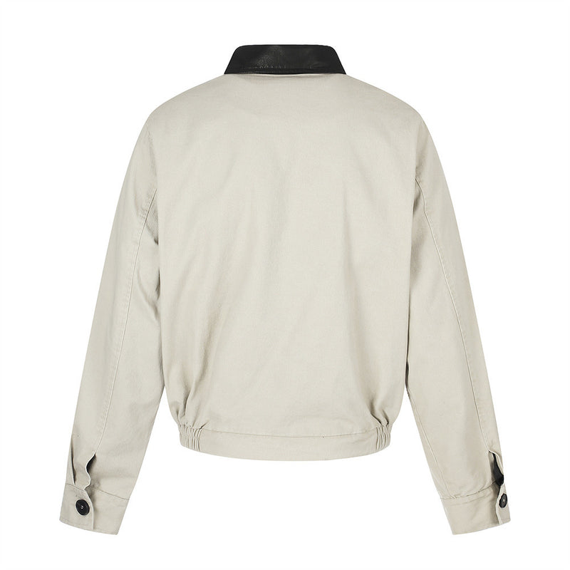 Moto-Inspired Workwear Jacket – Irregular Button Placket, Contrast Collar