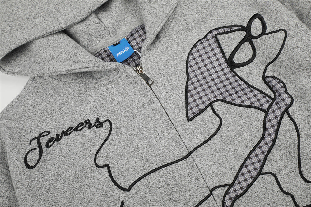 Cartoon Dog Graphic Zip-Up Hoodie – Oversized Fit with Plaid Appliqué