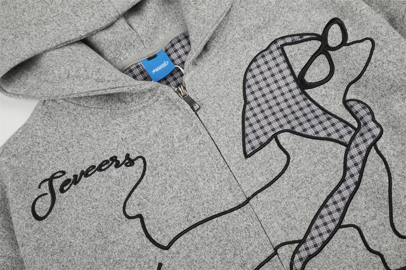 Cartoon Dog Graphic Zip-Up Hoodie – Oversized Fit with Plaid Appliqué