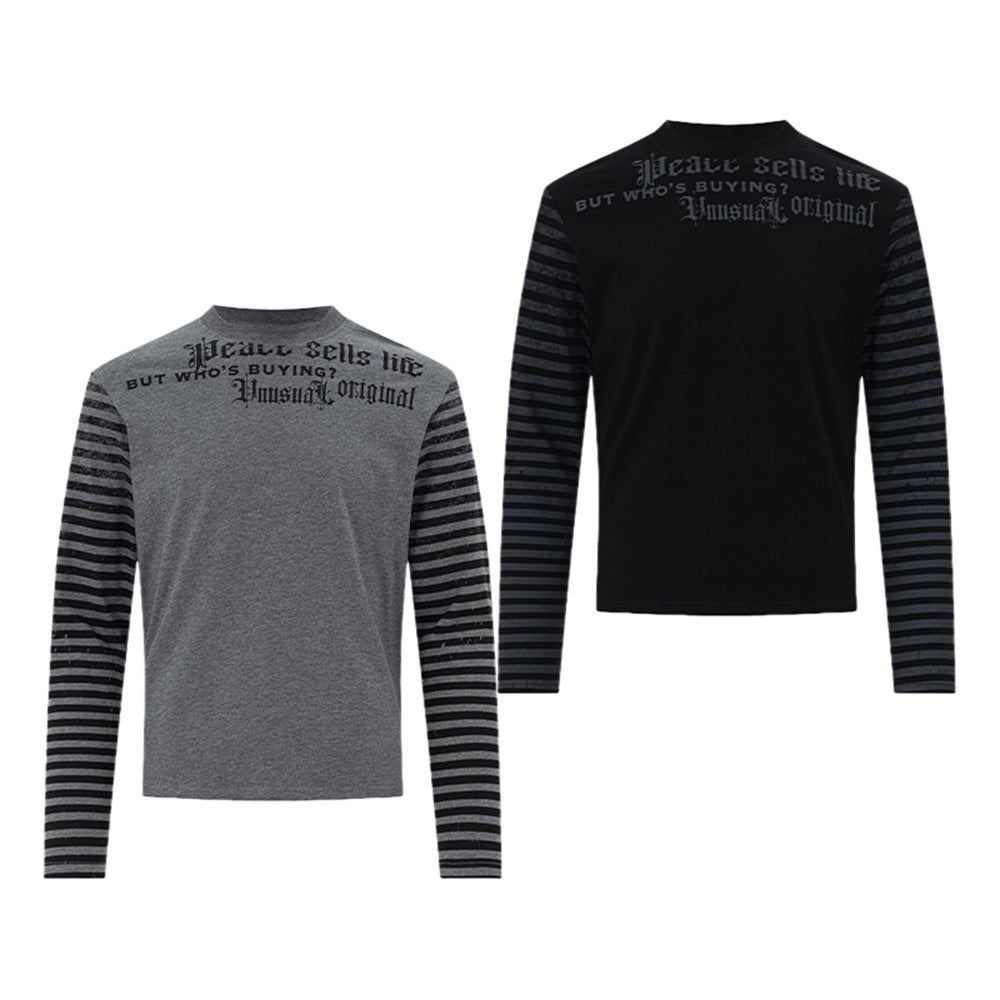 Men's Gothic Letter Print Long-Sleeve Tee with Striped Sleeve Splice
