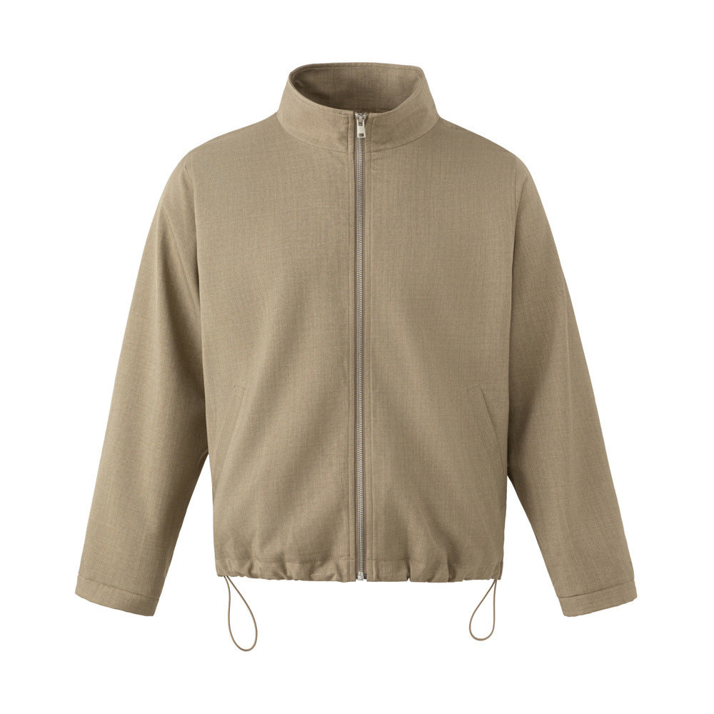 Stand Collar Zip Jacket with Pleated Back & Drawstring Hem — Men's Relaxed Fit