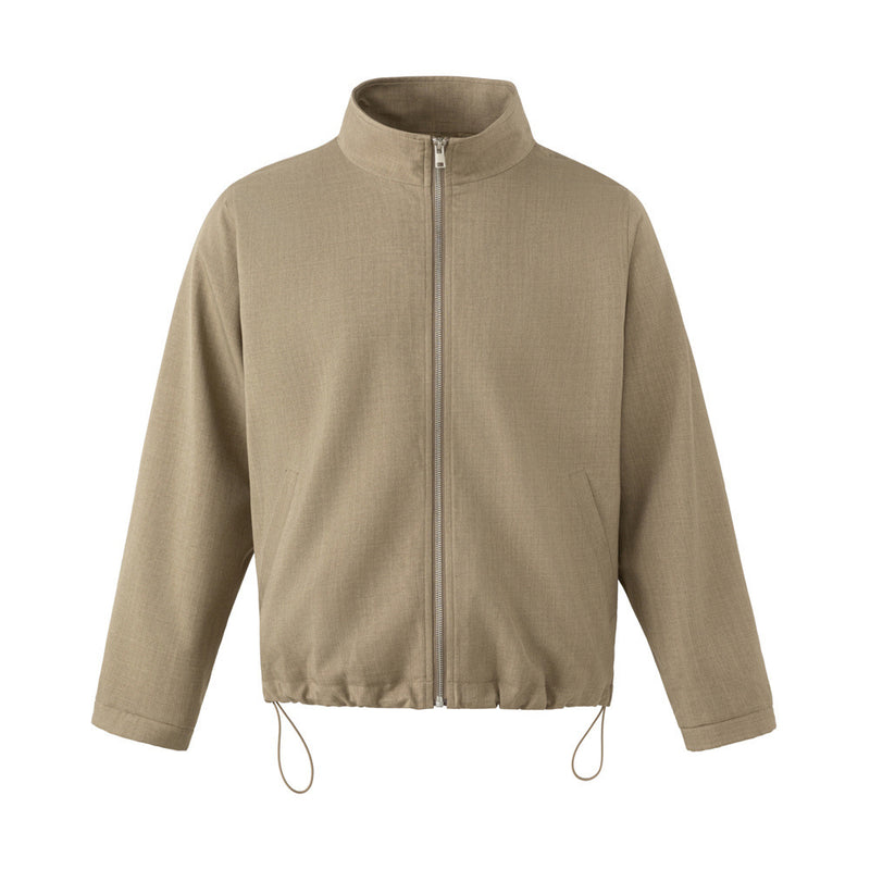Stand Collar Zip Jacket with Pleated Back & Drawstring Hem — Men's Relaxed Fit