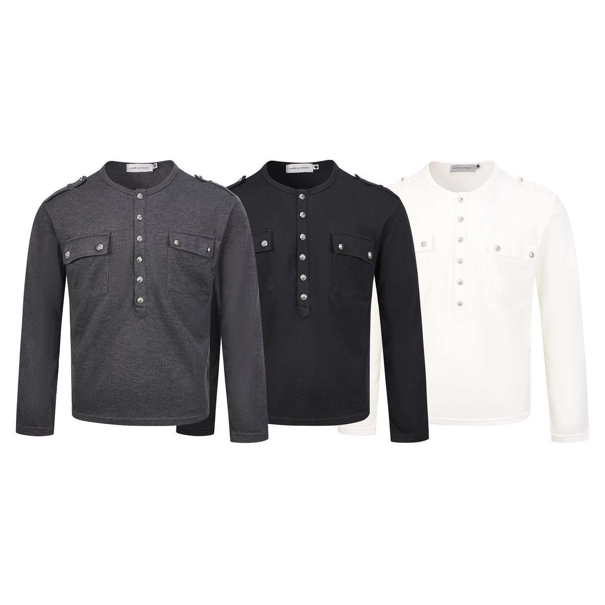 Men's Military-Style Henley Long Sleeve Shirt with Chest Pockets & Epaulettes