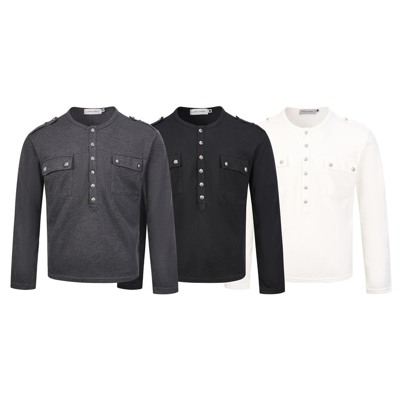 Men's Military-Style Henley Long Sleeve Shirt with Chest Pockets & Epaulettes