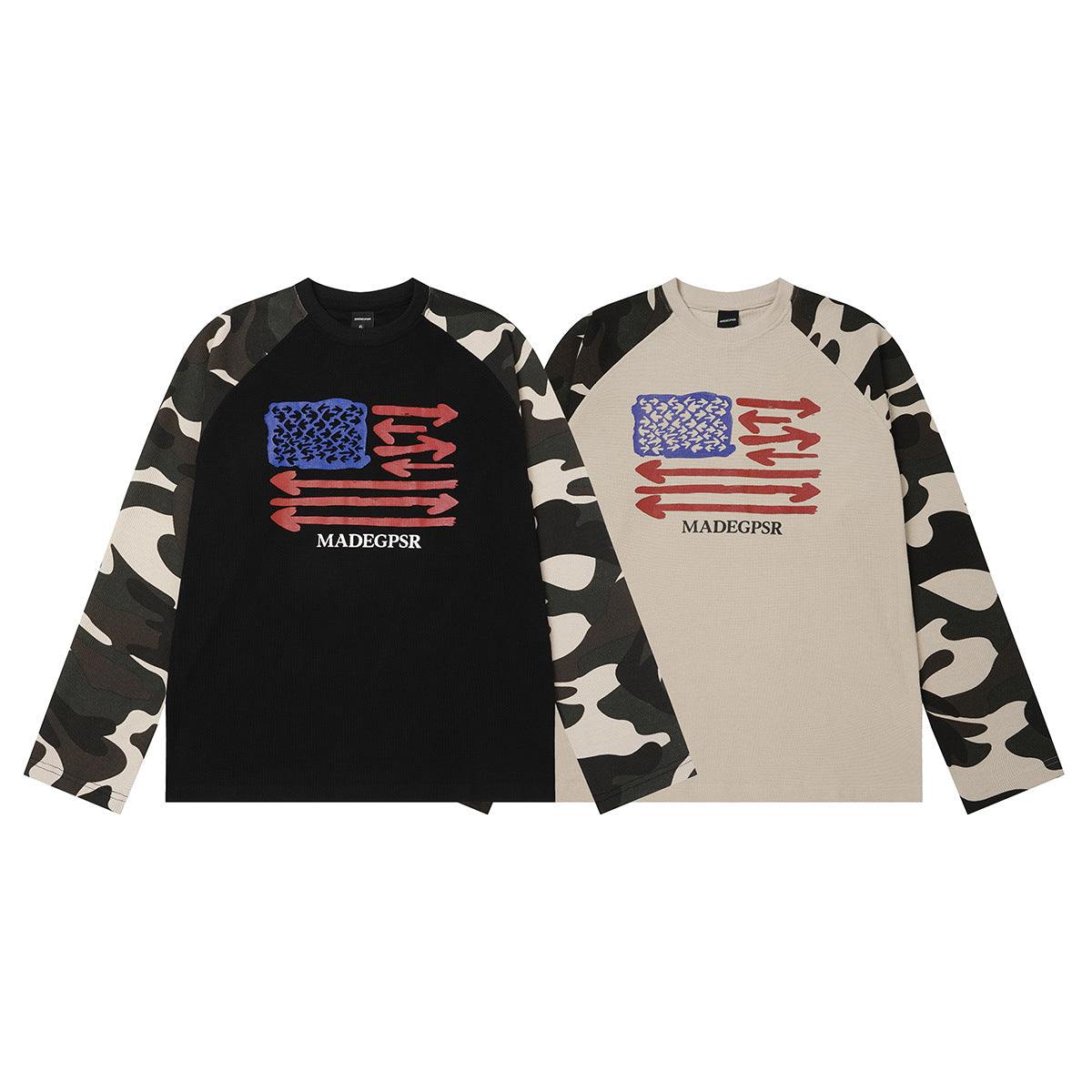 Camouflage-Raglan-Langarmshirt – Pfeilflaggen-Print, Rundhalsausschnitt