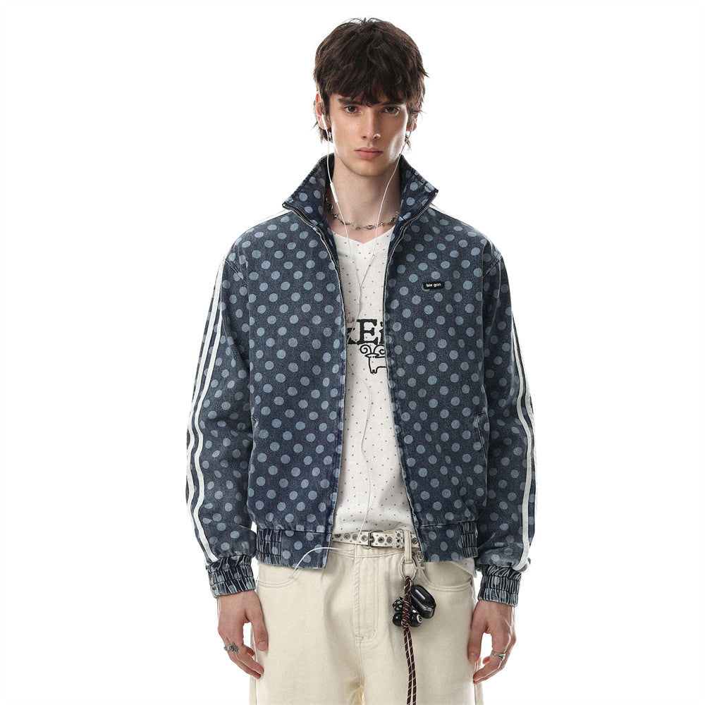 Men's Polka Dot Denim Track Jacket – Stand Collar Full-Zip Retro Streetwear