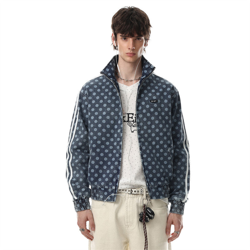 Men's Polka Dot Denim Track Jacket – Stand Collar Full-Zip Retro Streetwear
