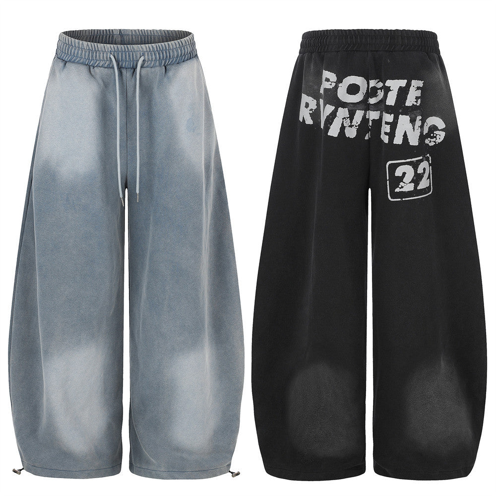 Wide-Leg Sweatpants with Acid Wash Finish and Letter Print