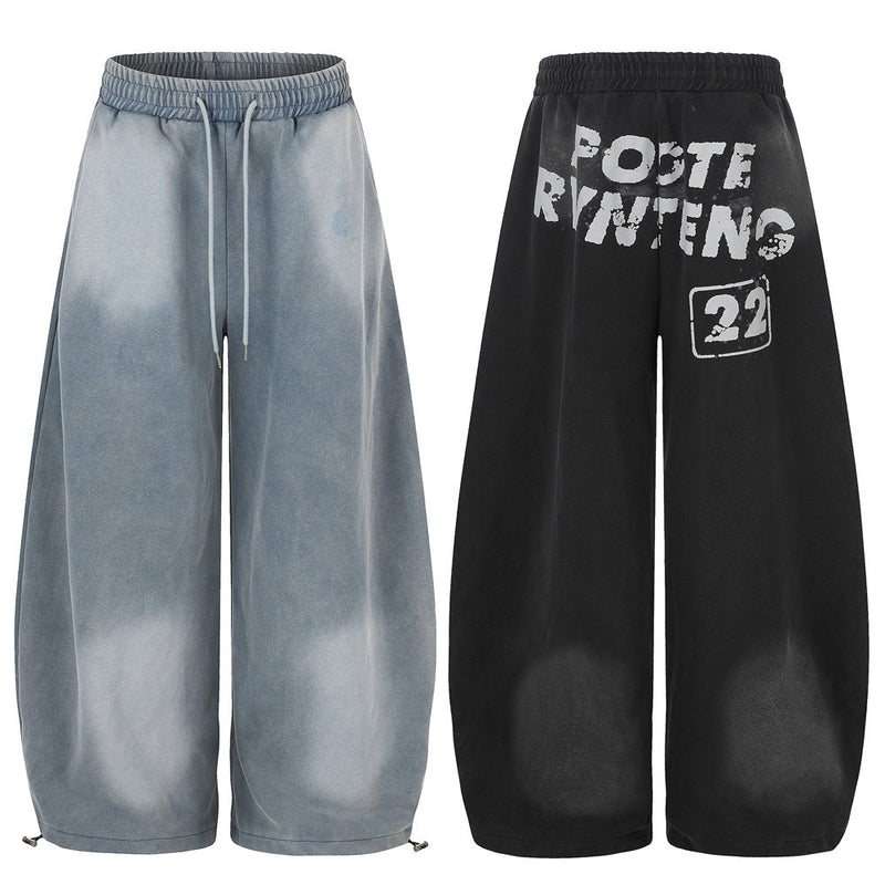 Wide-Leg Sweatpants with Acid Wash Finish and Letter Print