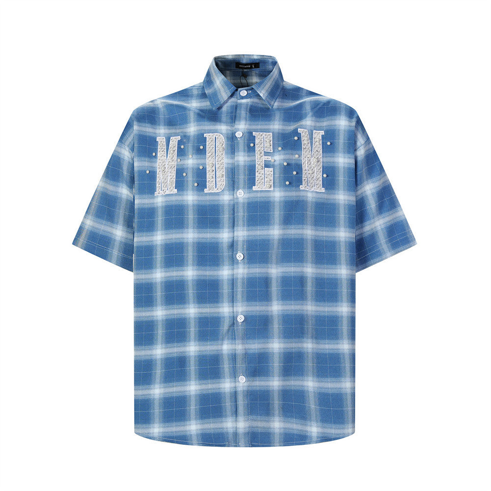 Plaid Short-Sleeve Shirt with Embroidered Letter Patch & Pearl Studs