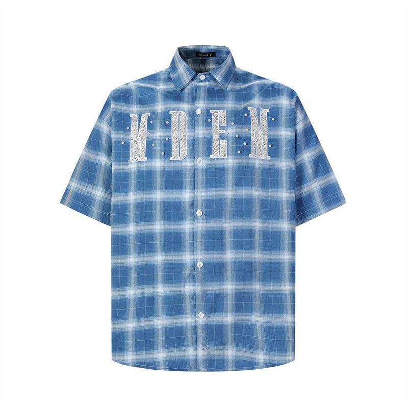 Plaid Short-Sleeve Shirt with Embroidered Letter Patch & Pearl Studs