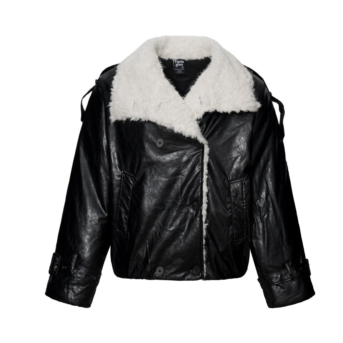 Sherpa Lined Leather Jacket – Black Faux Leather Cropped Bomber with Fleece