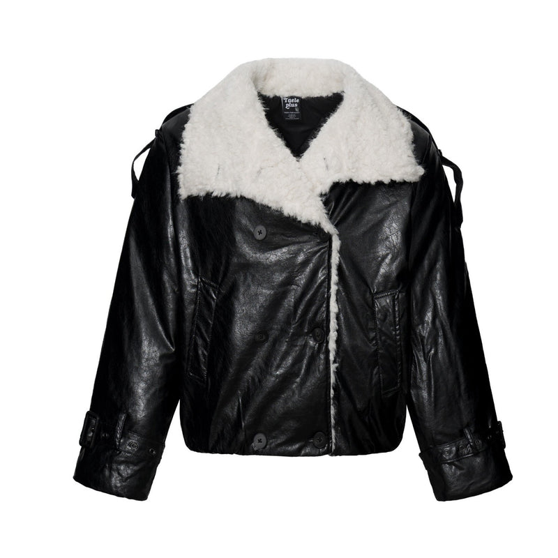 Sherpa Lined Leather Jacket – Black Faux Leather Cropped Bomber with Fleece