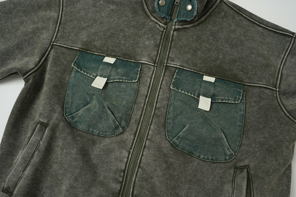 Vintage Washed Fleece-Lined Bomber Jacket – Boxy Fit Men's Zip-Up Outerwear