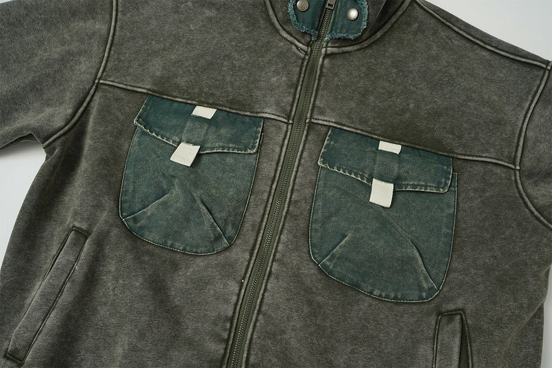 Vintage Washed Fleece-Lined Bomber Jacket – Boxy Fit Men's Zip-Up Outerwear