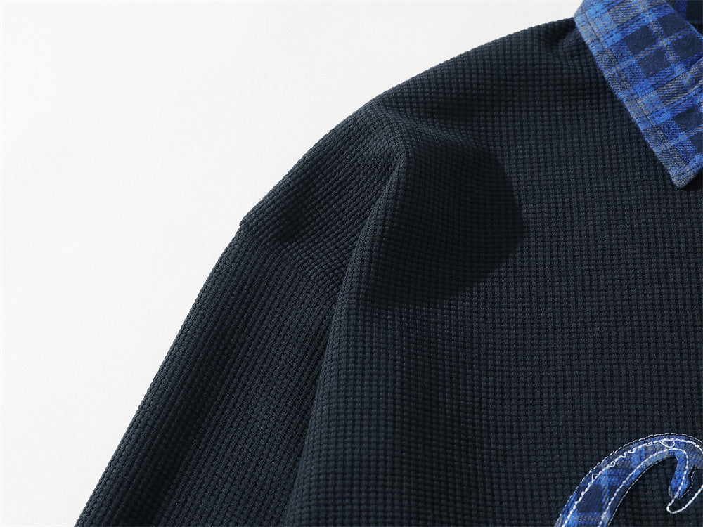 Polo Collar Sweatshirt with Plaid Patchwork & Clints Varsity Graphic