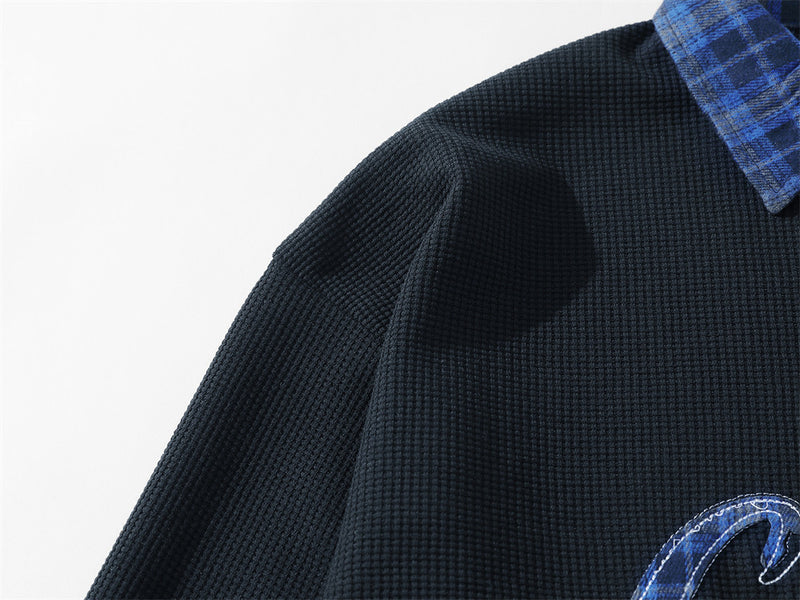 Polo Collar Sweatshirt with Plaid Patchwork & Clints Varsity Graphic