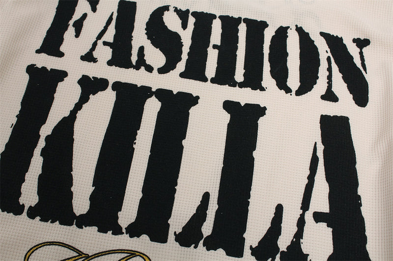 Fashion Killa Oversized Long Sleeve Graphic Tee – Waffle Knit Streetwear Top