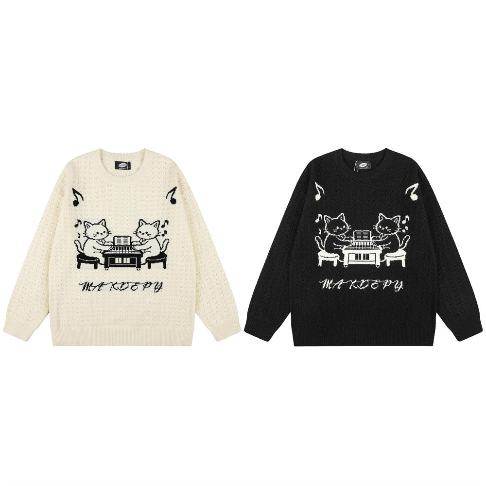 Pull homme en maille jacquard chat cartoon au piano – Pull à col rond et coupe décontractée