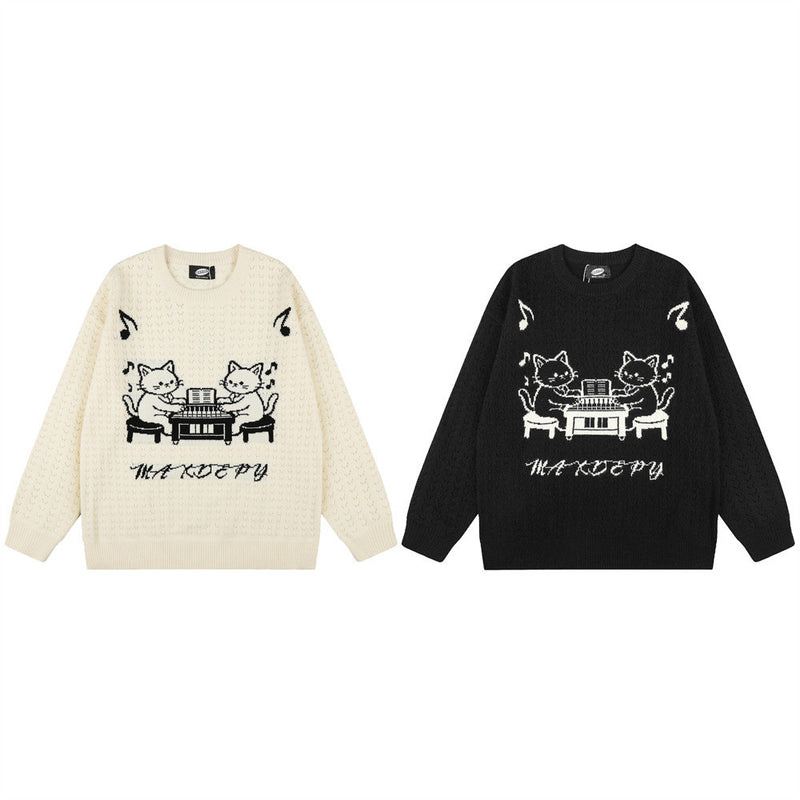 Pull homme en maille jacquard chat cartoon au piano – Pull à col rond et coupe décontractée