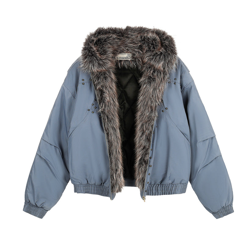 Studded Puffer Bomber Jacket with Faux Fur Hood